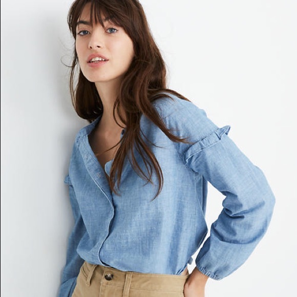 MADEWELL Denim Collarless Ruffle Shirt NWT Small - Picture 2 of 6